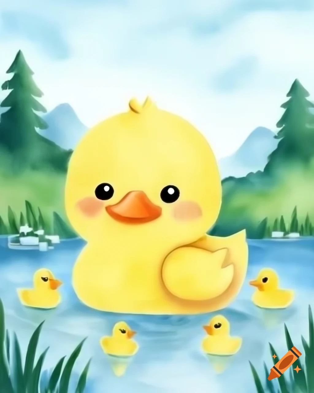 Cartoon yellow duck with ducklings near lake in watercolor style