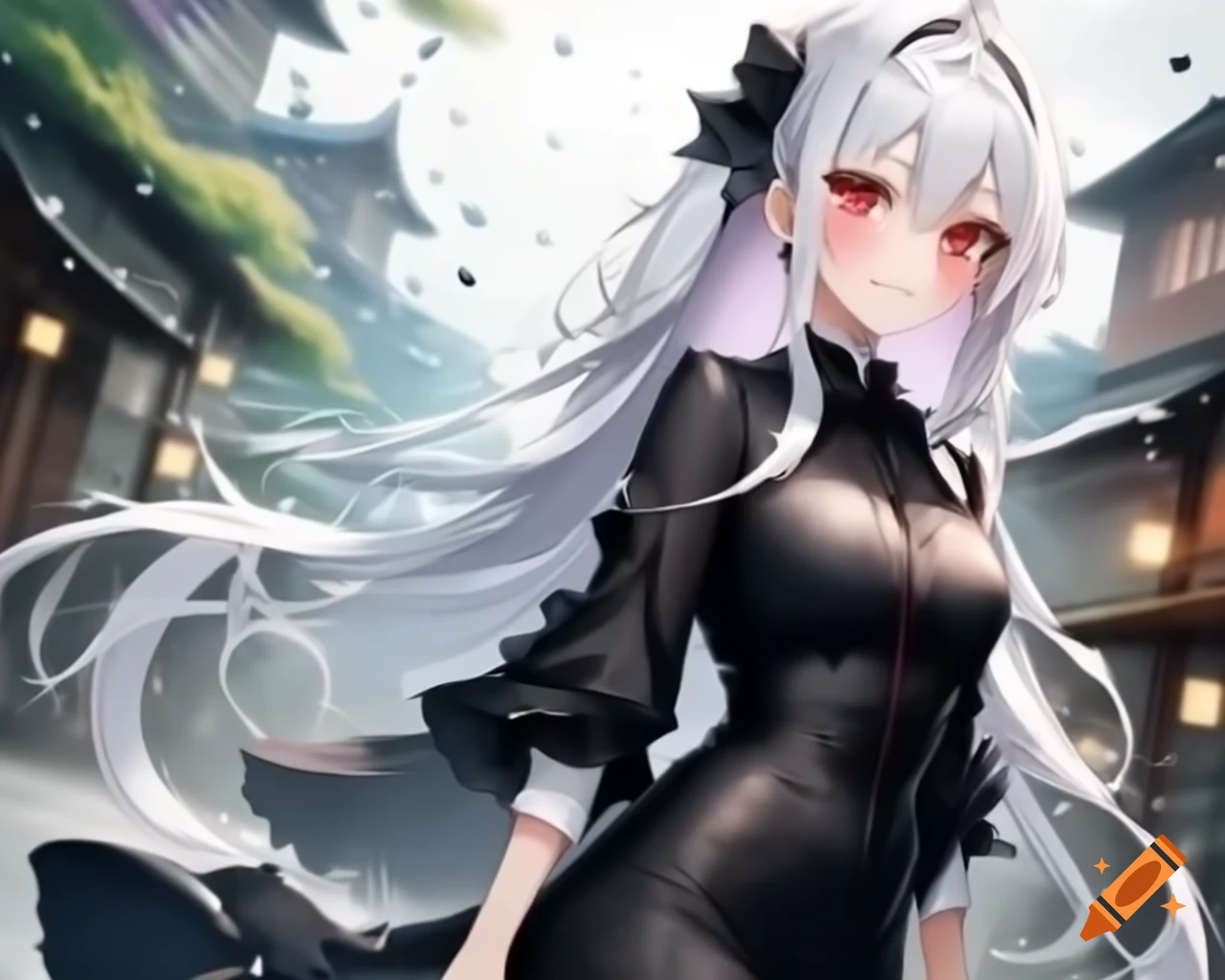 Anime woman with white hair and red eyes in black dress on rainy day, realistic style