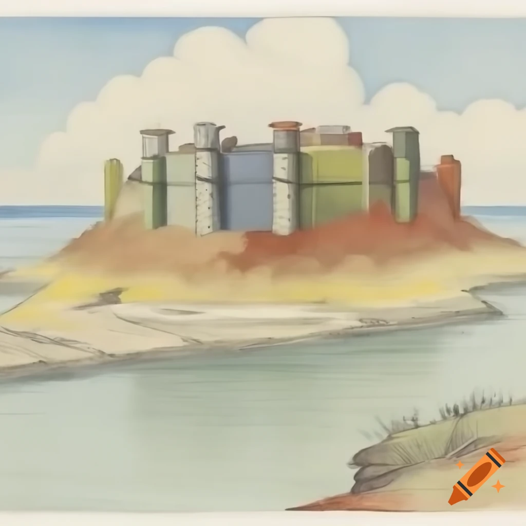Colored sketch of the fort on El Giglio Island in the 1800s