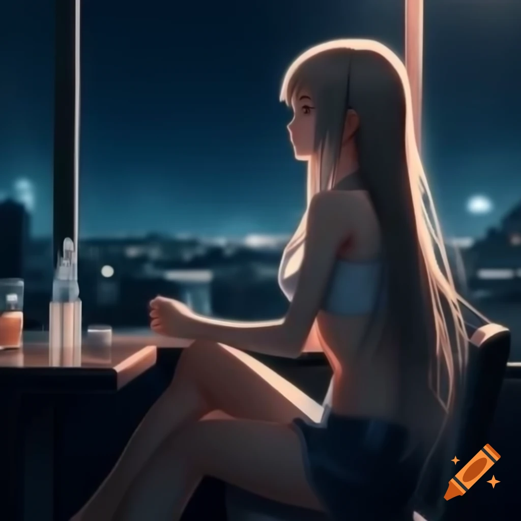 Anime girl with long hair at a bar at night, side view with drink