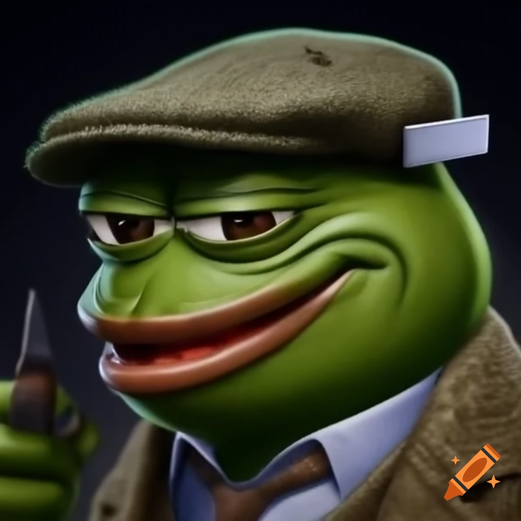 Pepe meme character with tweed hat, razor blade, cigarette, and serious expression