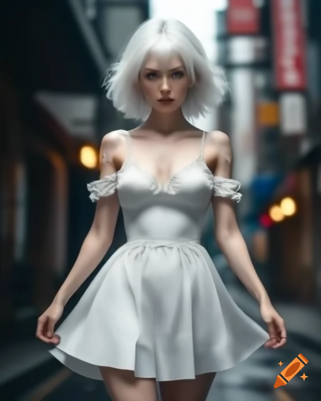 Anime character with white hair and sundress walking on a street