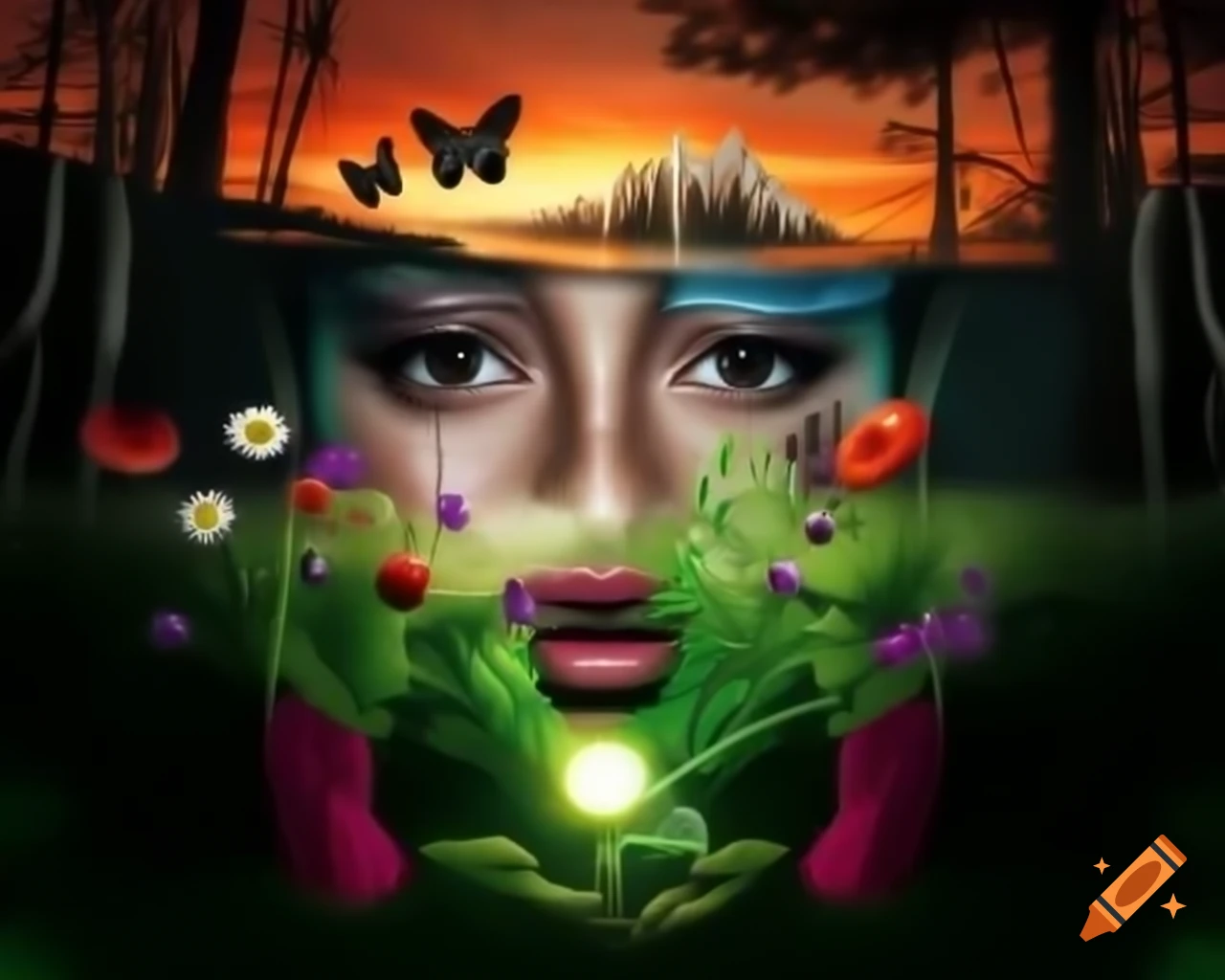 Surreal 3D render of woman's face in forest with wildflowers and butterflies