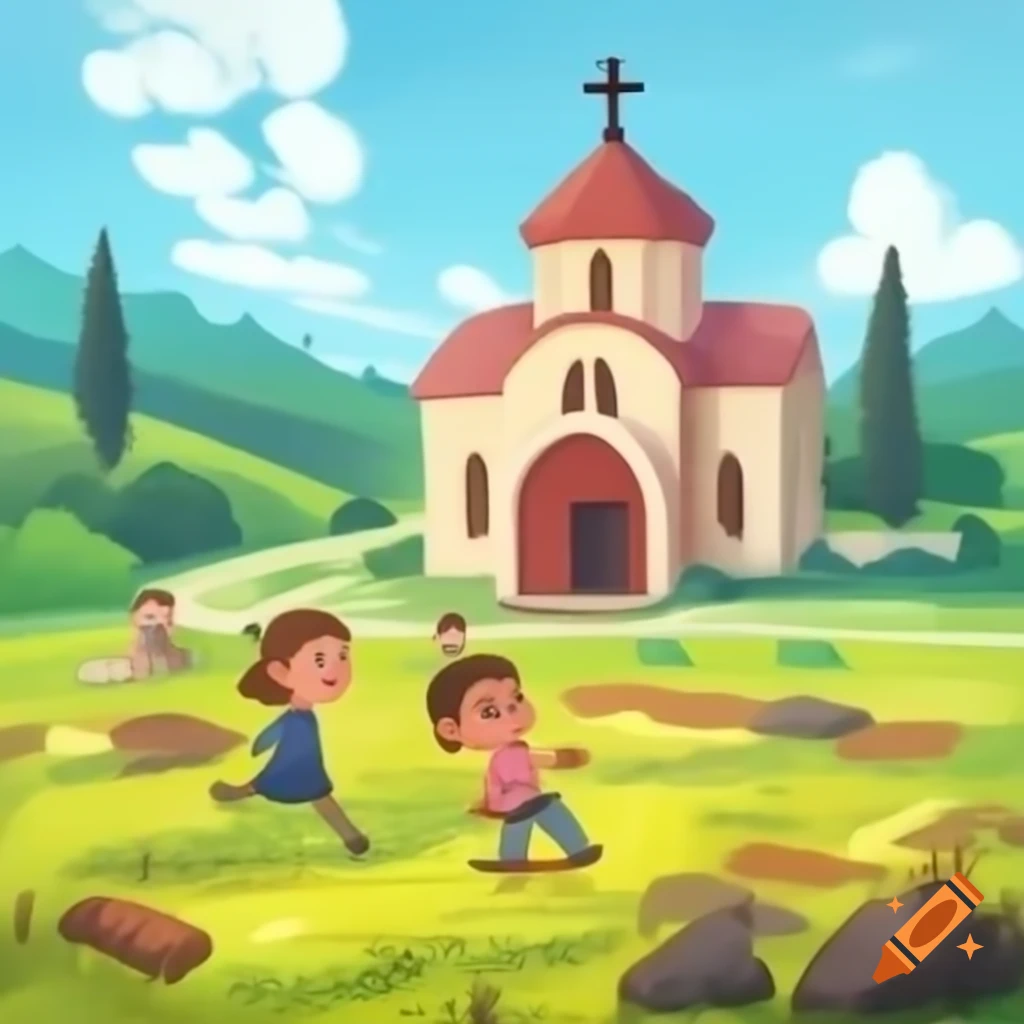 Children playing outside an orthodox church in an animated style