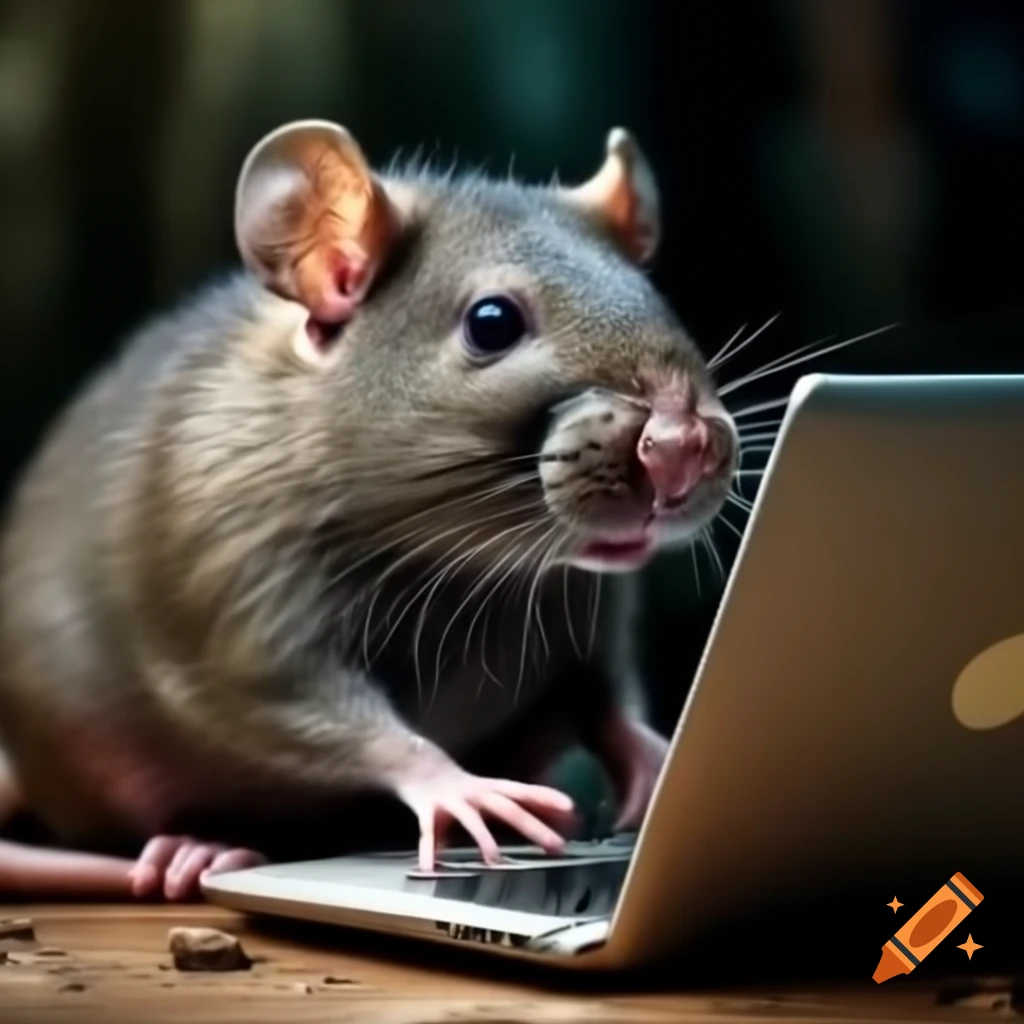 Realistic rat using a laptop