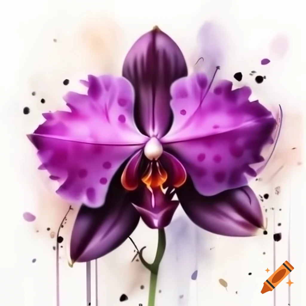 Lifelike Halloween orchid in watercolor shades of black, purple, and red, cartoon style