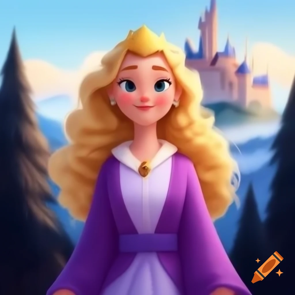 Young princess in purple robe with long wavy blond hair near castle and forest in springtime