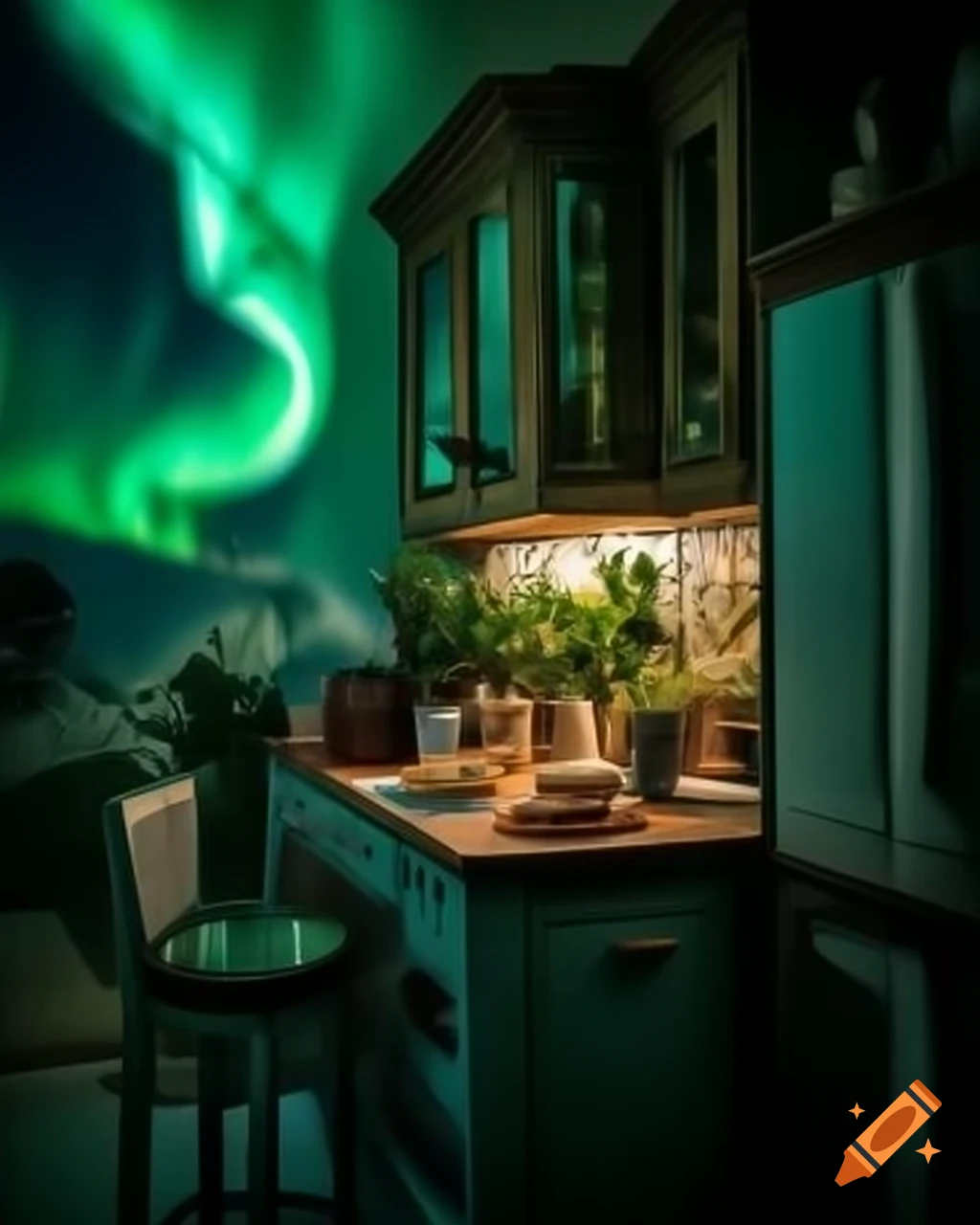 Northern lights themed kitchen, professional interior photography