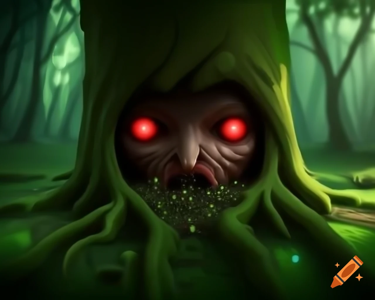 Creepy tree with face inspired by alice in wonderland realistic