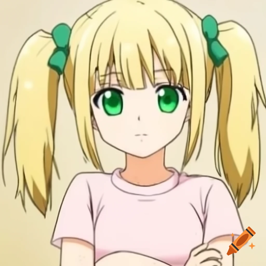 Anime girl with blonde hair and green eyes in pink sleeveless t-shirt