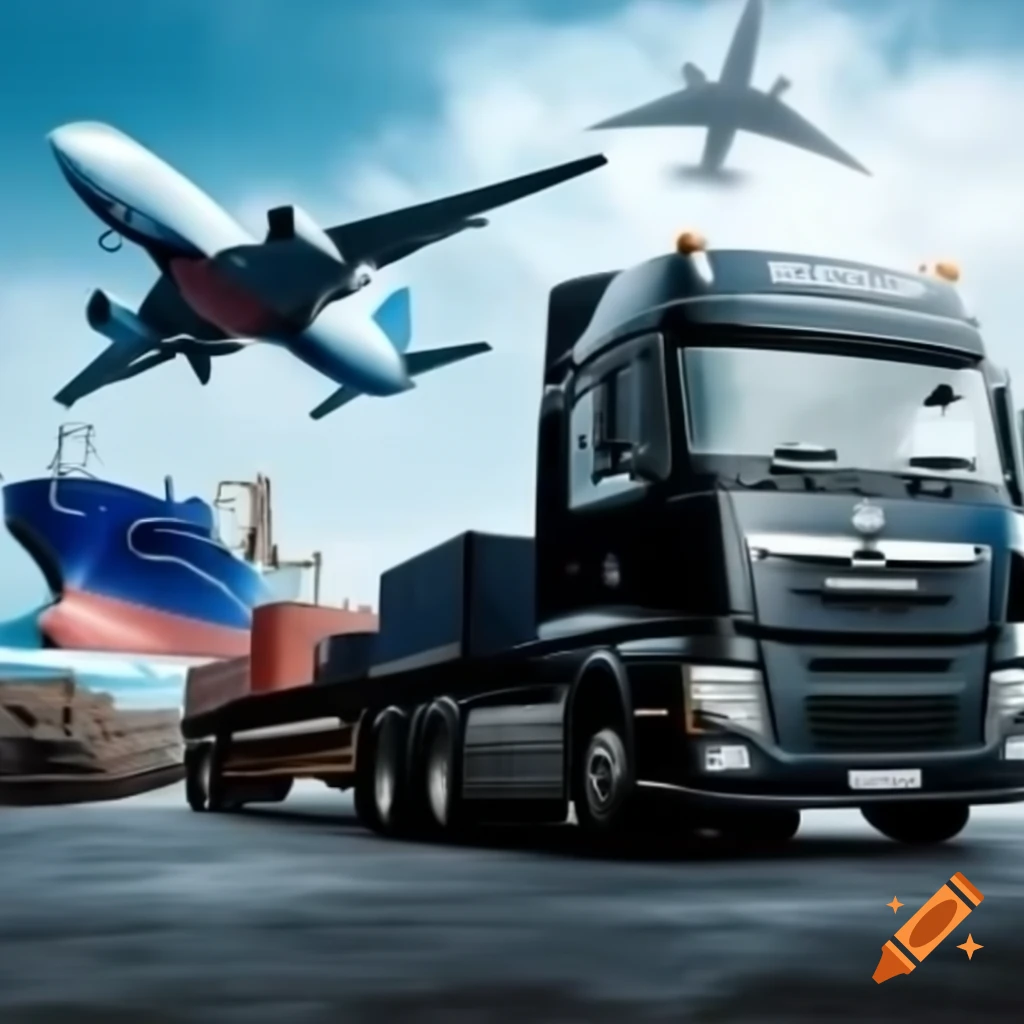 Black cargo container truck, cargo ship, and cargo plane on transparent background