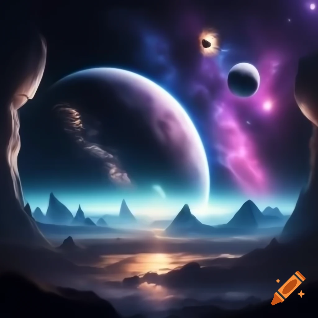 AI-generated artworks of otherworldly landscapes with nebulae and galaxies