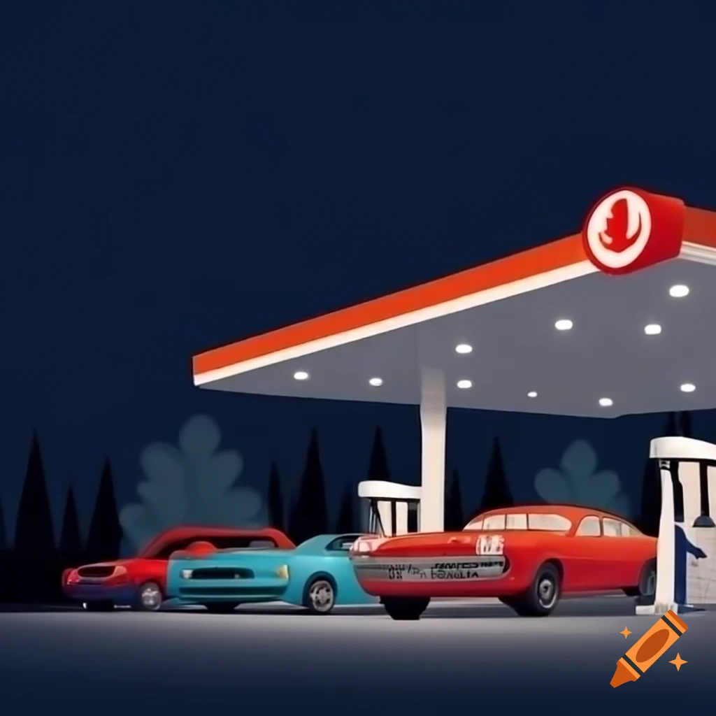 80's cars gathering at gas station at night