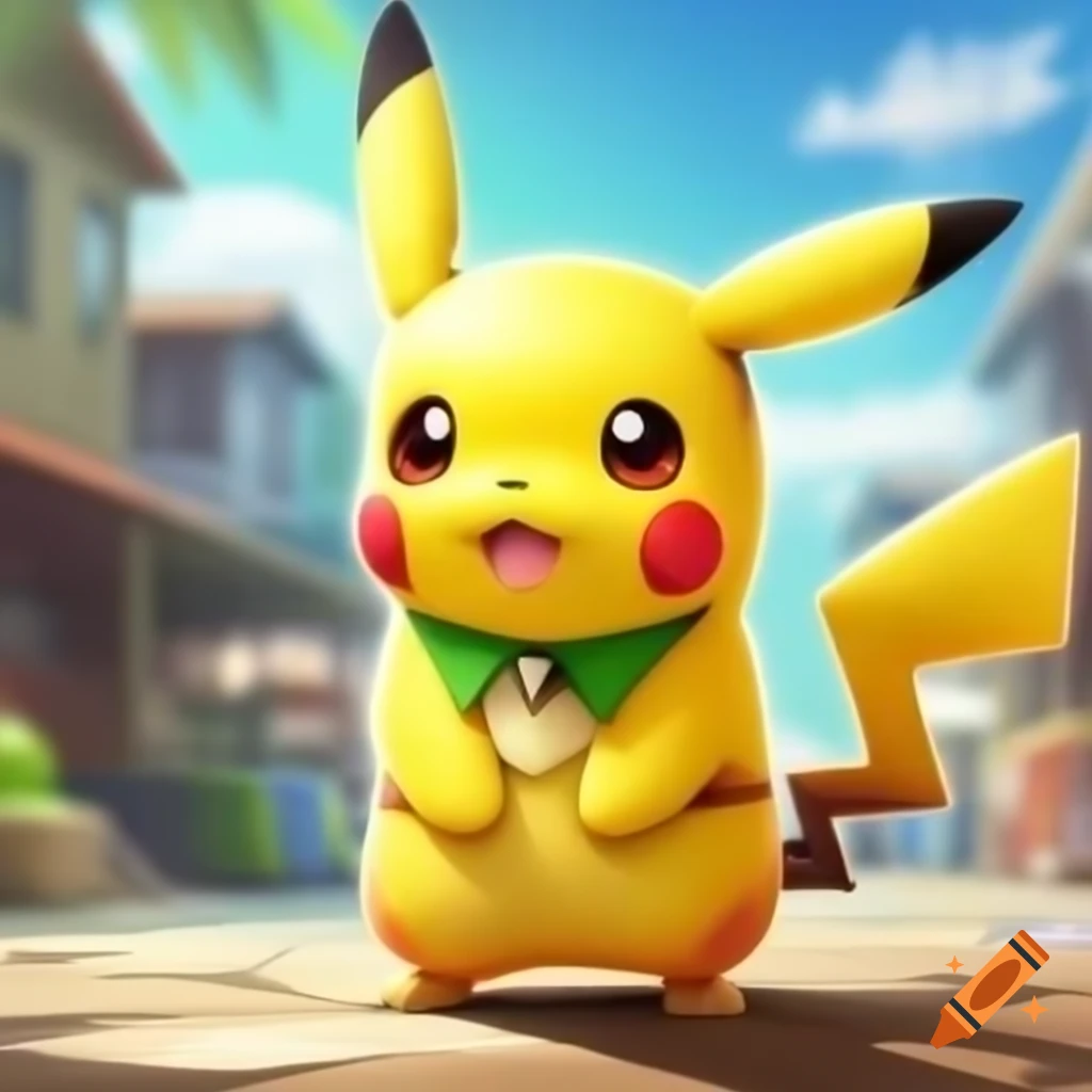 Pikachu with green collar walking in seaside town