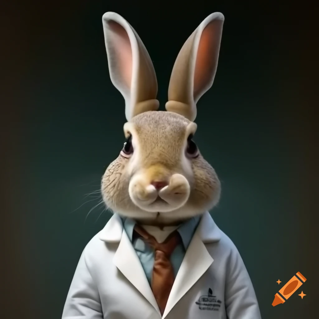Bunny rabbit in lab coat with prominent eyes