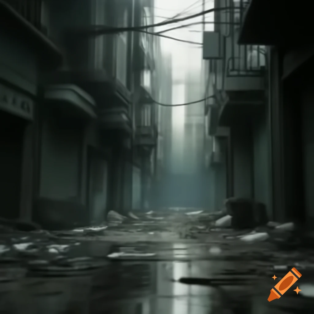 Eerie dystopian cityscape with dilapidated buildings