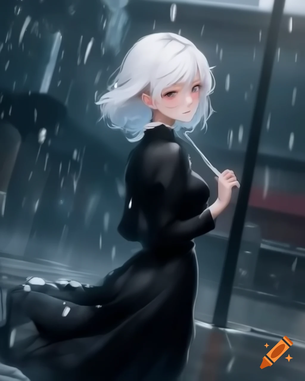 Anime character with white hair in black dress on rainy day