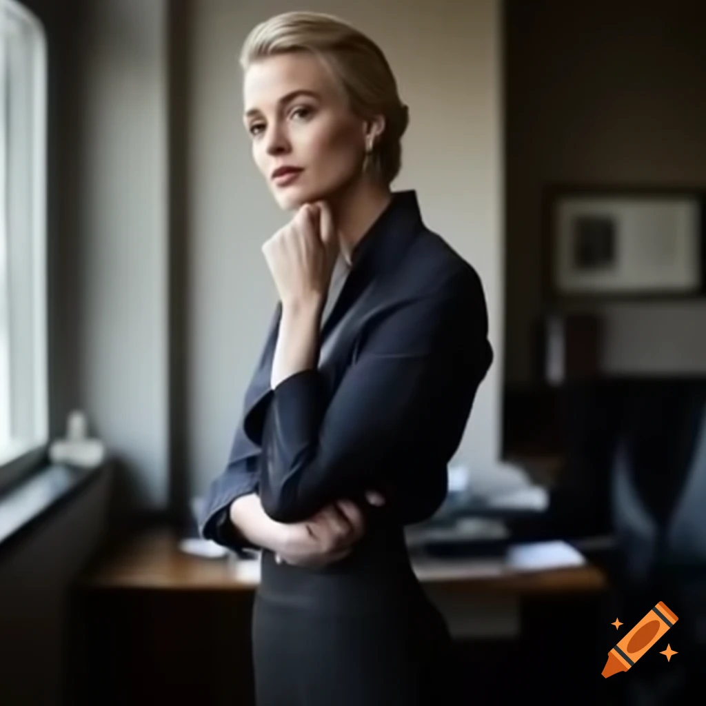 Sophisticated woman in office, wearing tailored outfit with confident stance
