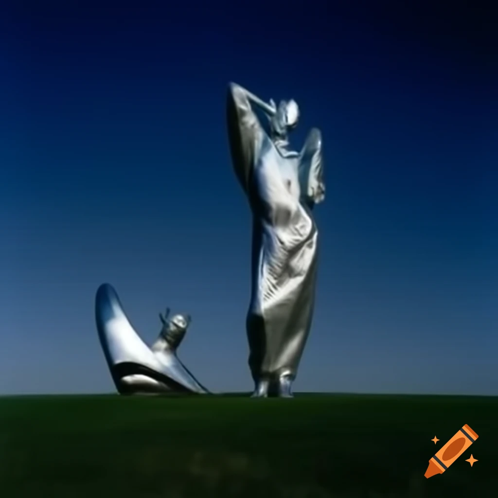 Pop surreal photography featuring a silver statue from the 2000s