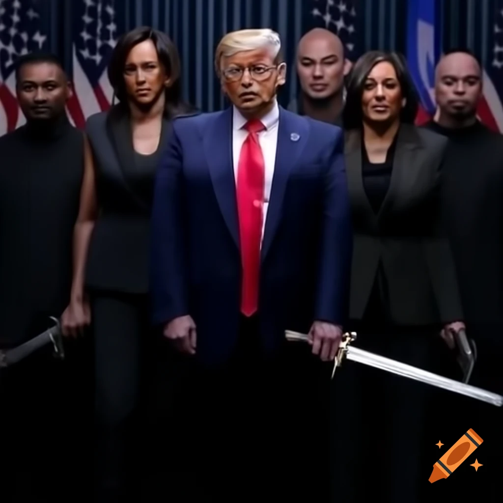 Trump and Kamala Harris engaged in a dramatic sword fight