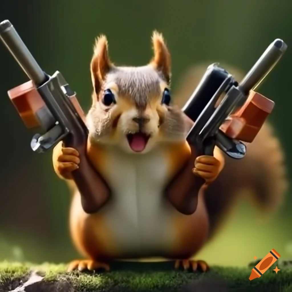 Squirrels with nut guns in a playful gang scenario