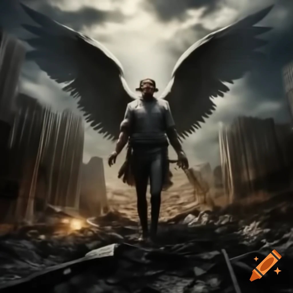 Fallen angel in city surrounded by crumbling skyscrapers and destructive rays