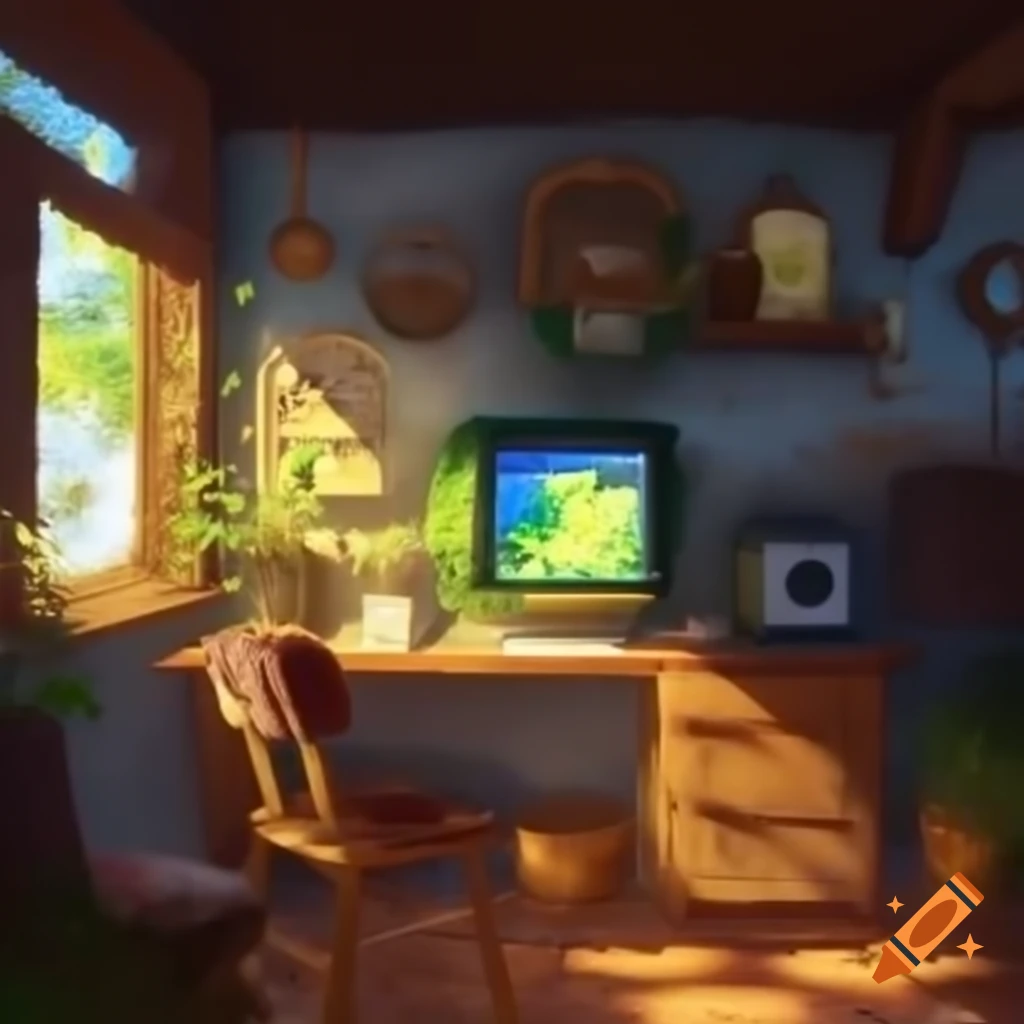 Cozy cottage interior with functional PC setup and large window overlooking trees