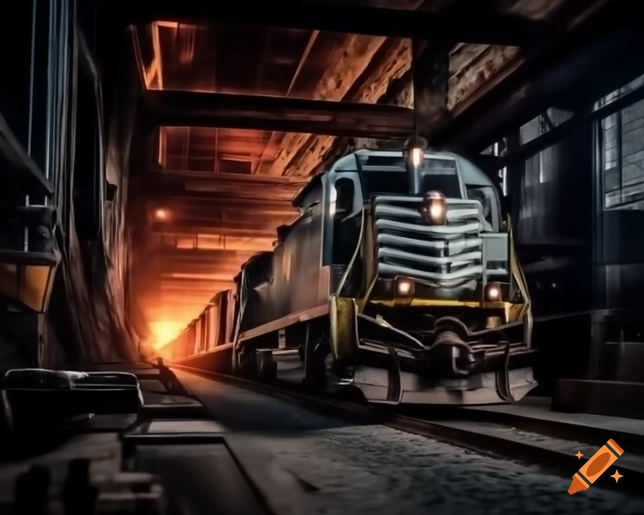 Freight train cab passing through steel mill with glowing machinery