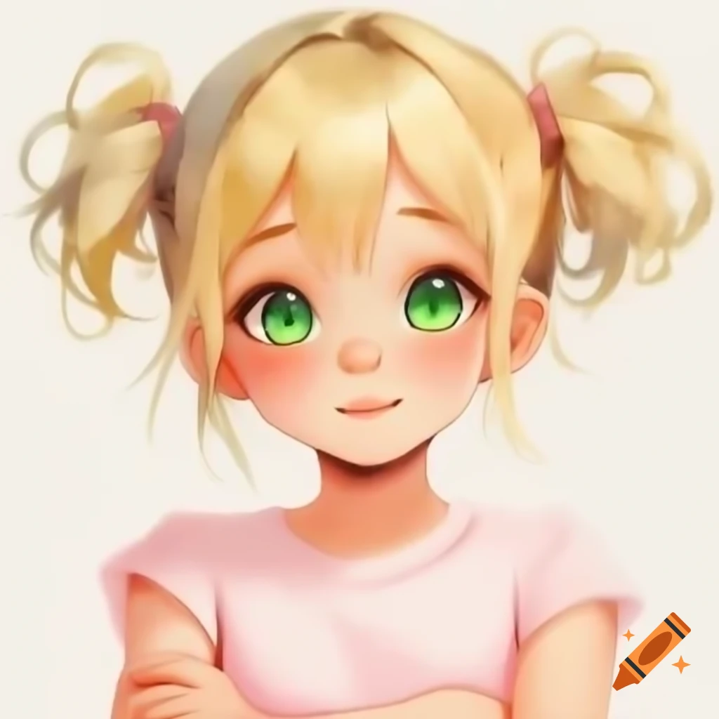 Anime girl with blonde hair and green eyes in light pink outfit, arms crossed