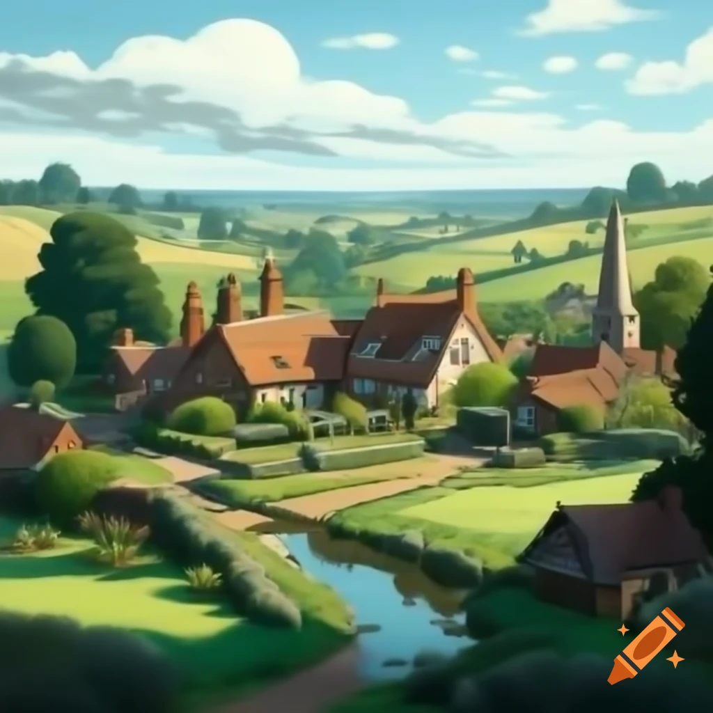 Picturesque village in British countryside with cottages, pond, and church