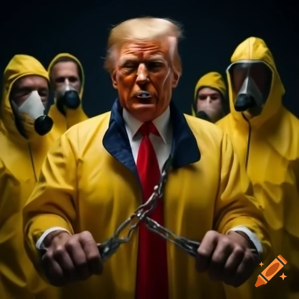 Satirical photorealistic scene of Donald Trump in handcuffs with men in hazmat suits and Melania laughing