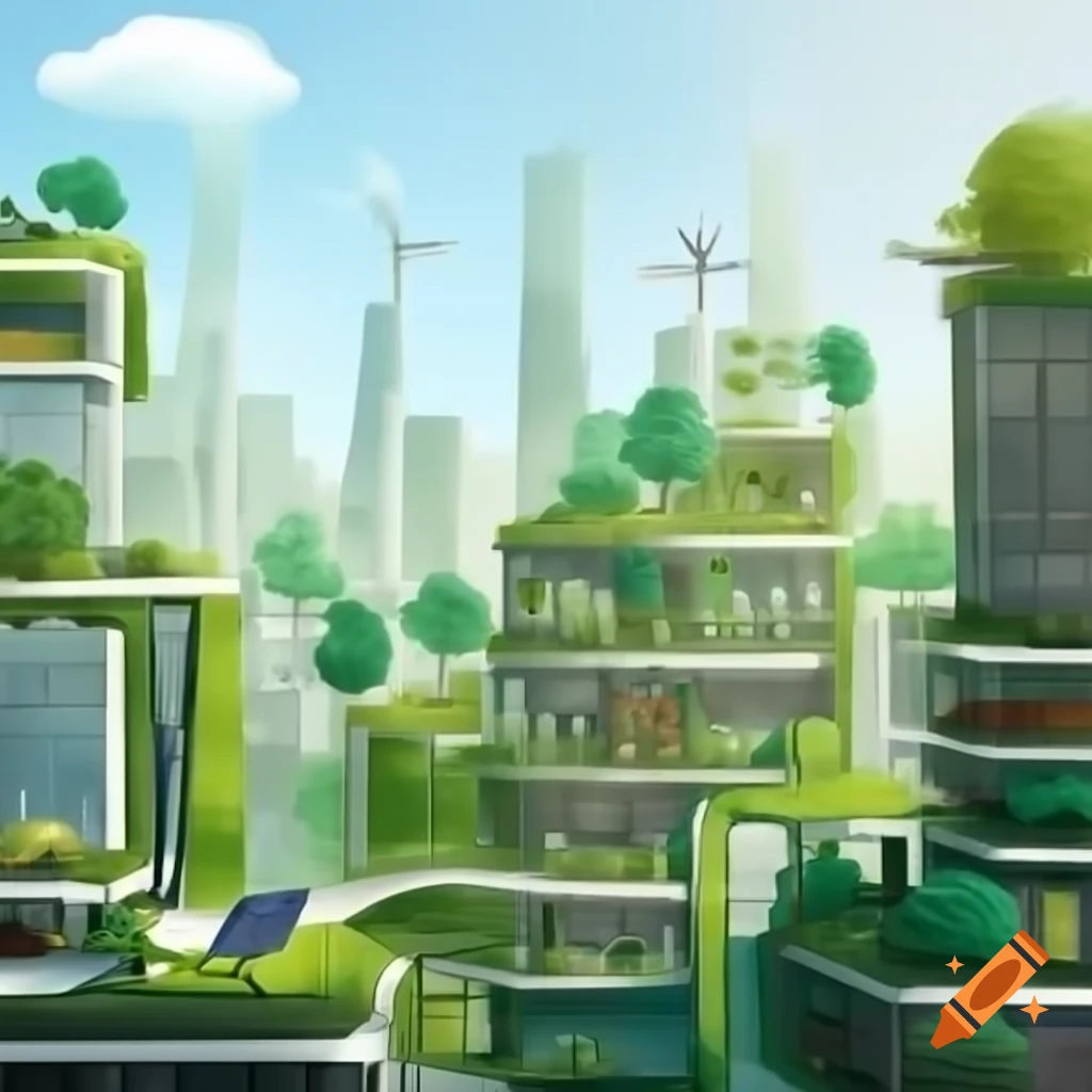 Futuristic Cityscape With Eco friendly Buildings Solar Panels And 