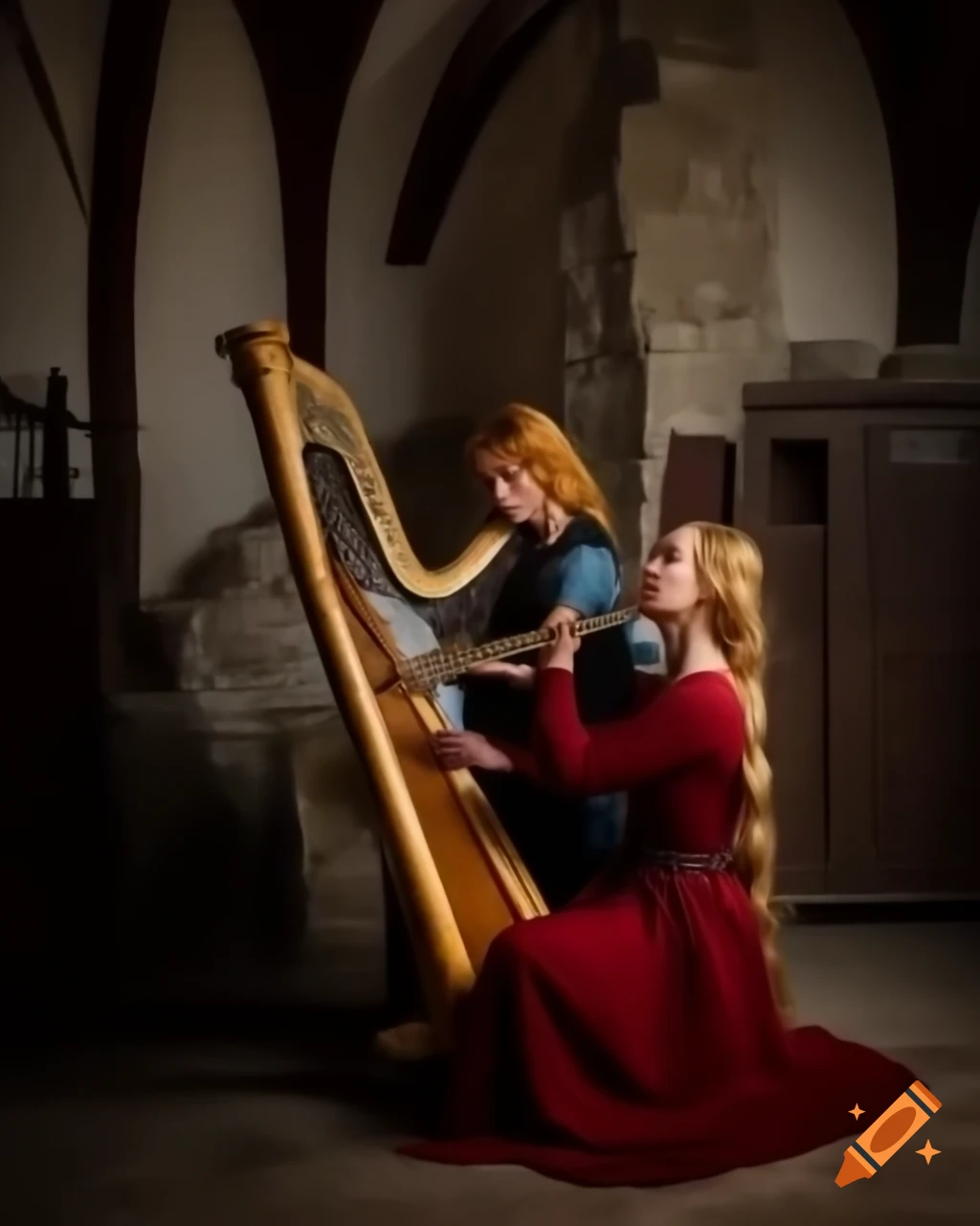 Medieval scene of female knight with harp and wizard with flute in castle room