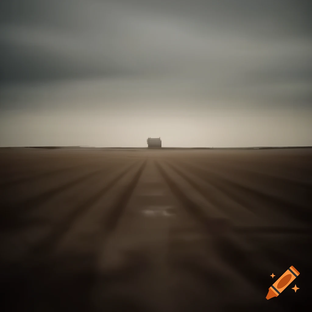 Vast flat man-made landscape with dry earth and water in the distance