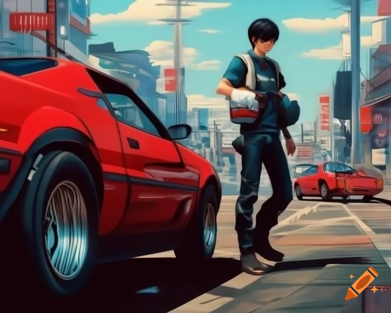 Anime movie poster featuring man with motorcycle and red car in Akira style