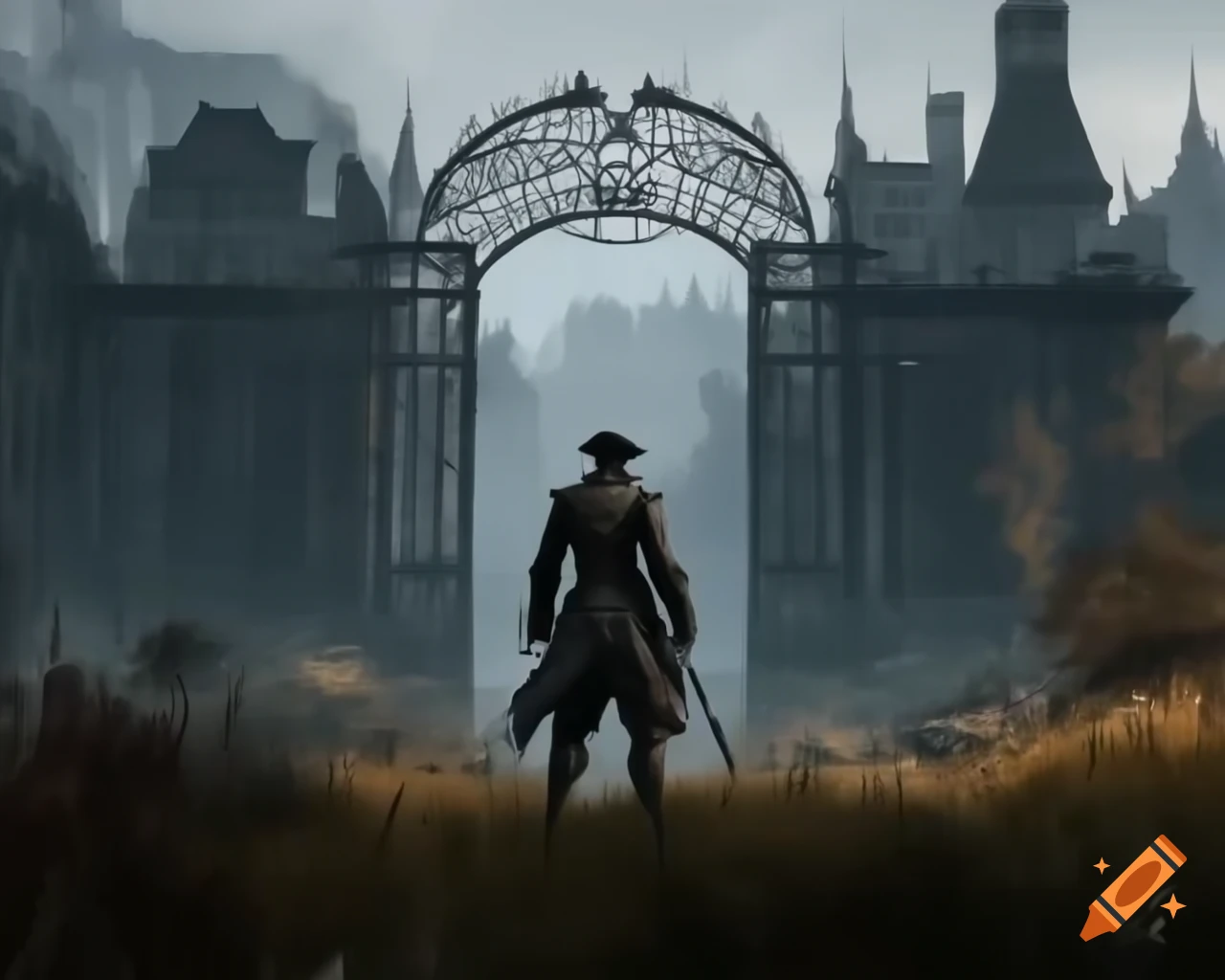 Hunter in Victorian city ruins at a gate, inspired by Bloodborne in 8k art style
