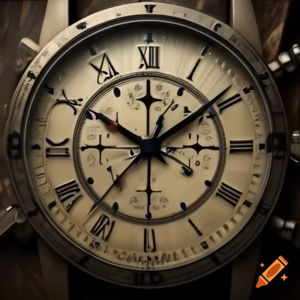 Watch dial with parchment texture featuring Viking runes and compass-style hands