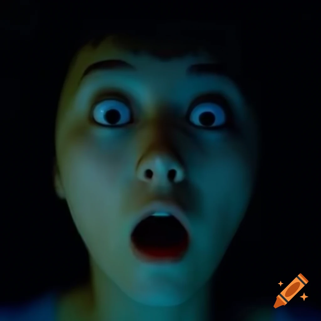 Close up of a shocked human face with wide eyes dramatic expression on