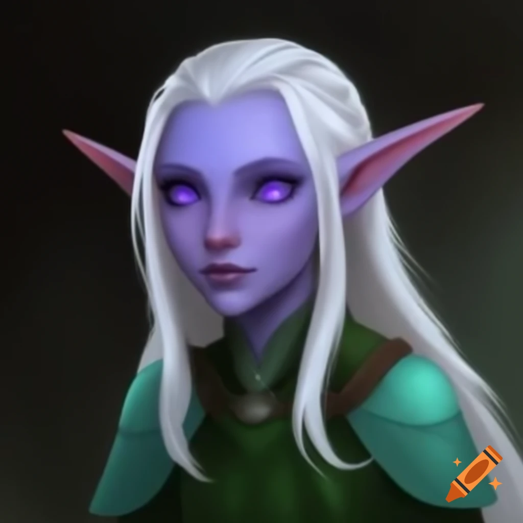 High elf cleric hermit with white hair and violet eyes in green dress