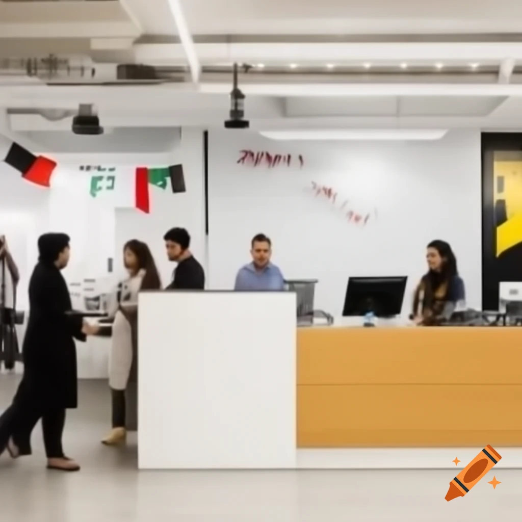 Modern office interior with reception area and staff interacting with clients