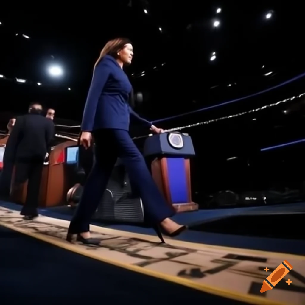 Kamala Harris walks confidently to debate podium while Donald Trump rests on the floor, photorealistic 8K HD