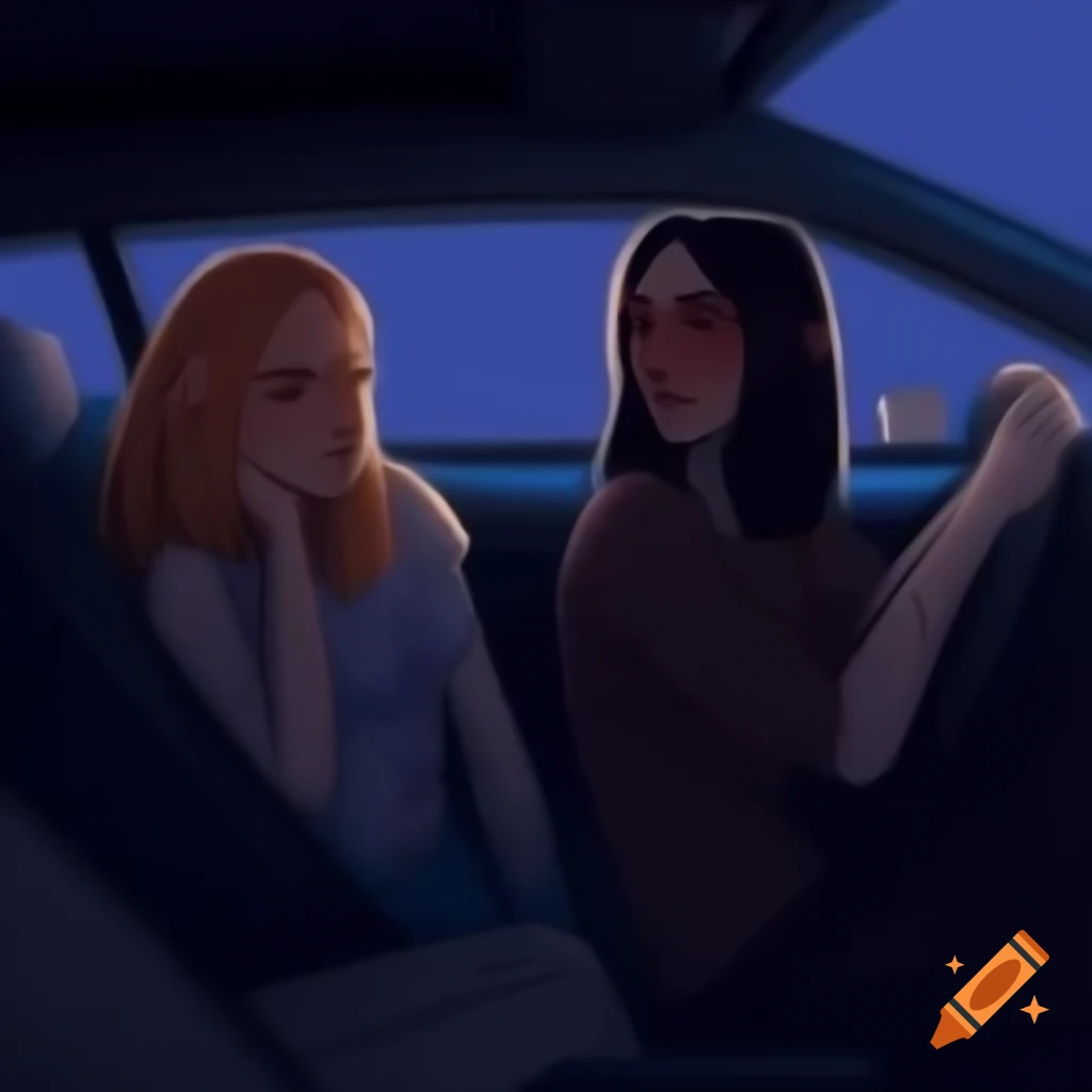 Two women in car at night, illuminated by interior light, sharing a moment of love