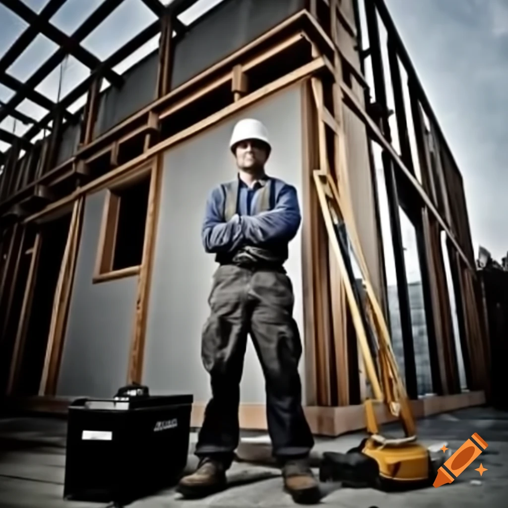Construction worker in front of half-built building with toolbox and hard hat