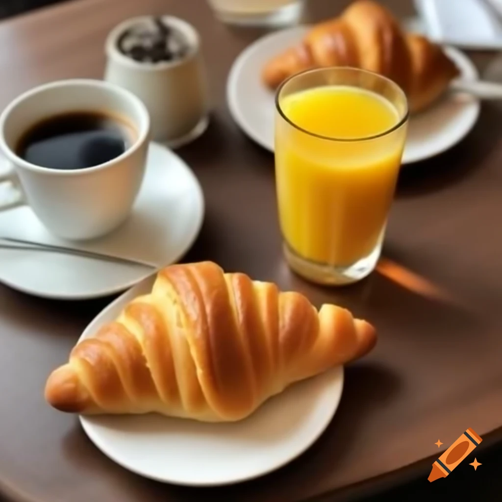 Breakfast setup with croissant, coffee cup, and glass of orange juice