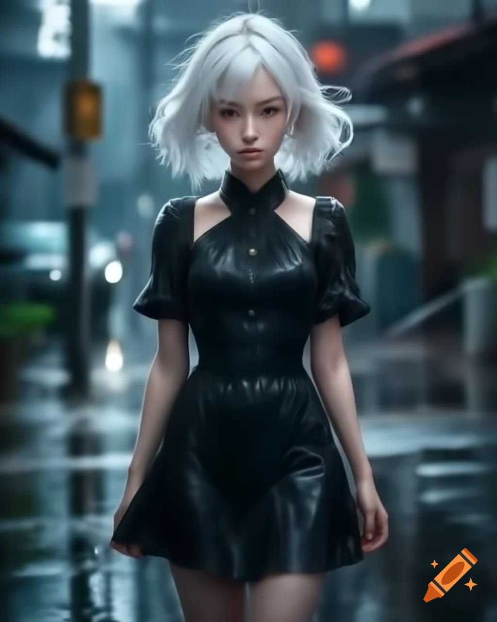 Anime-style depiction of woman with white hair in black dress on rainy day