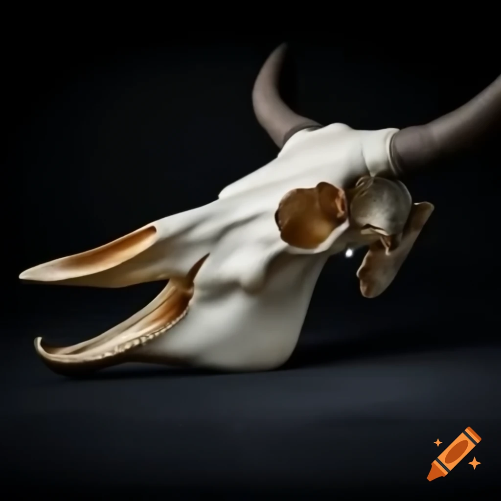 Hybrid skull of a duck and bull with a mangled beak