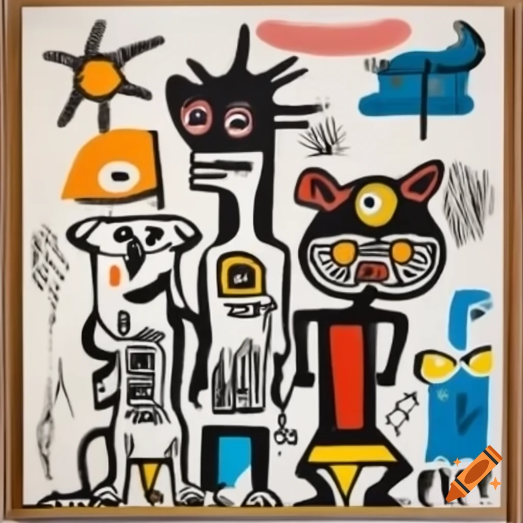 Colorful painting featuring multiple animals by Jean-Michel Basquiat and Wifredo Lam