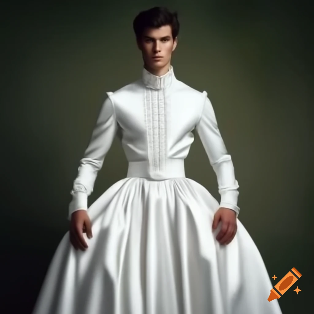 Handsome young man in photorealistic white satin gown with lace trim