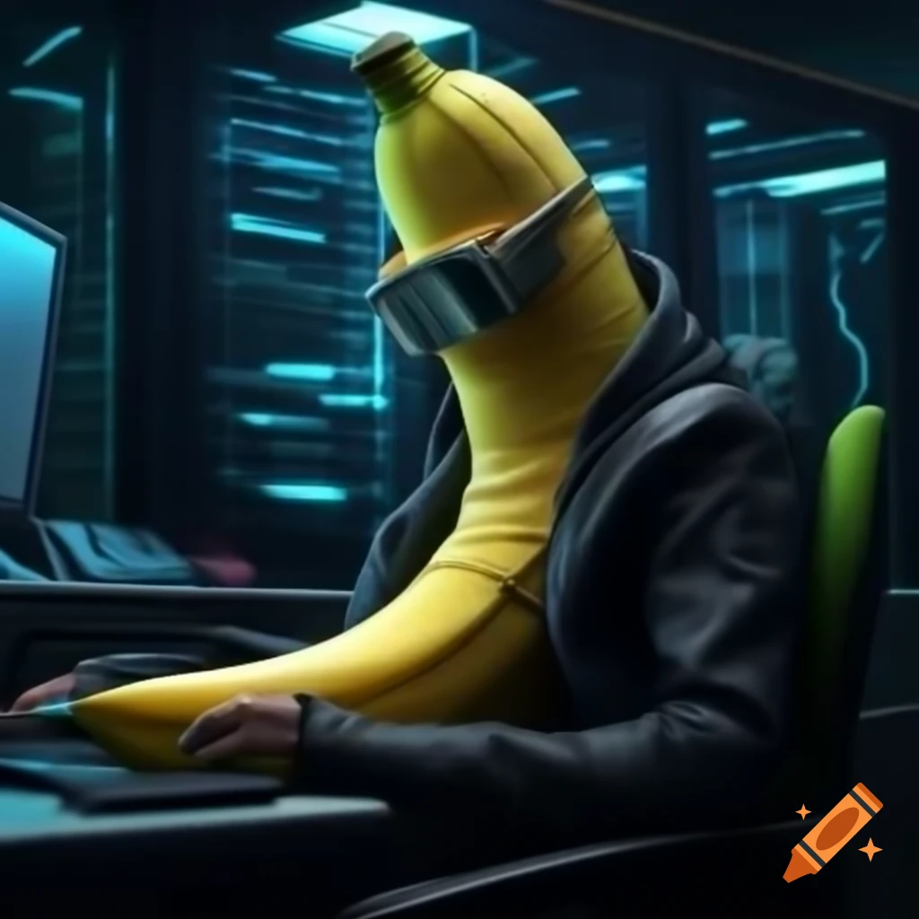 Banana man in cyberpunk server room filled with hacking equipment