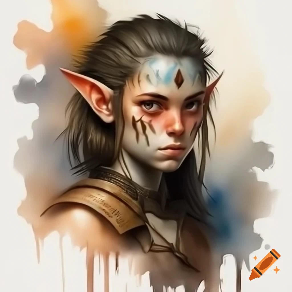 Realistic watercolor painting of a hobgoblin warrior with uneven skin tones